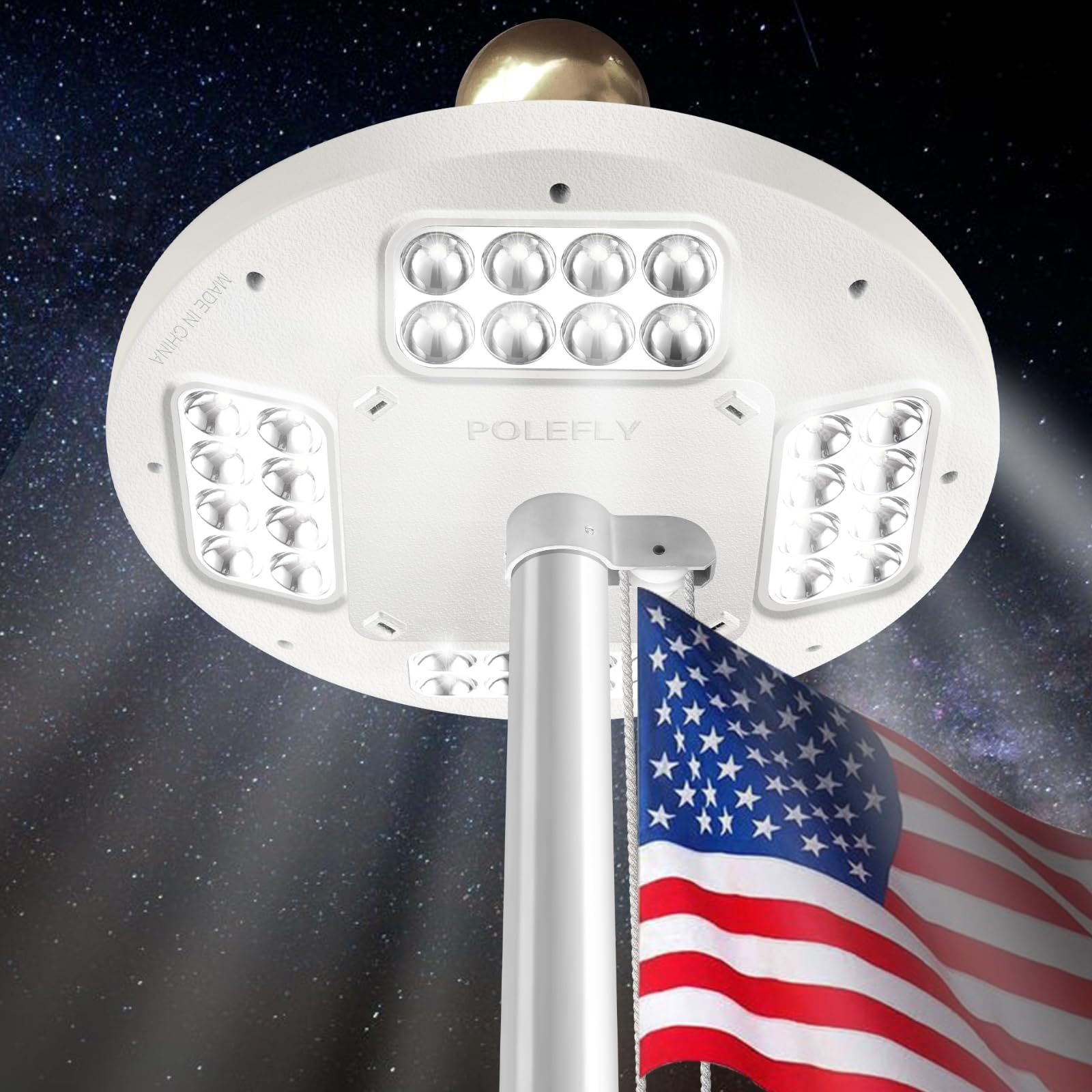 POLEFLY 2nd Generation Flag Pole Light Solar Powered | 1500 Lumen Weatherproof Solar Flag Pole Light | Brightness Plus 30% Auto Flag Pole Light | 100% Flag Coverage from Dusk to Dawn for 15+ Hours