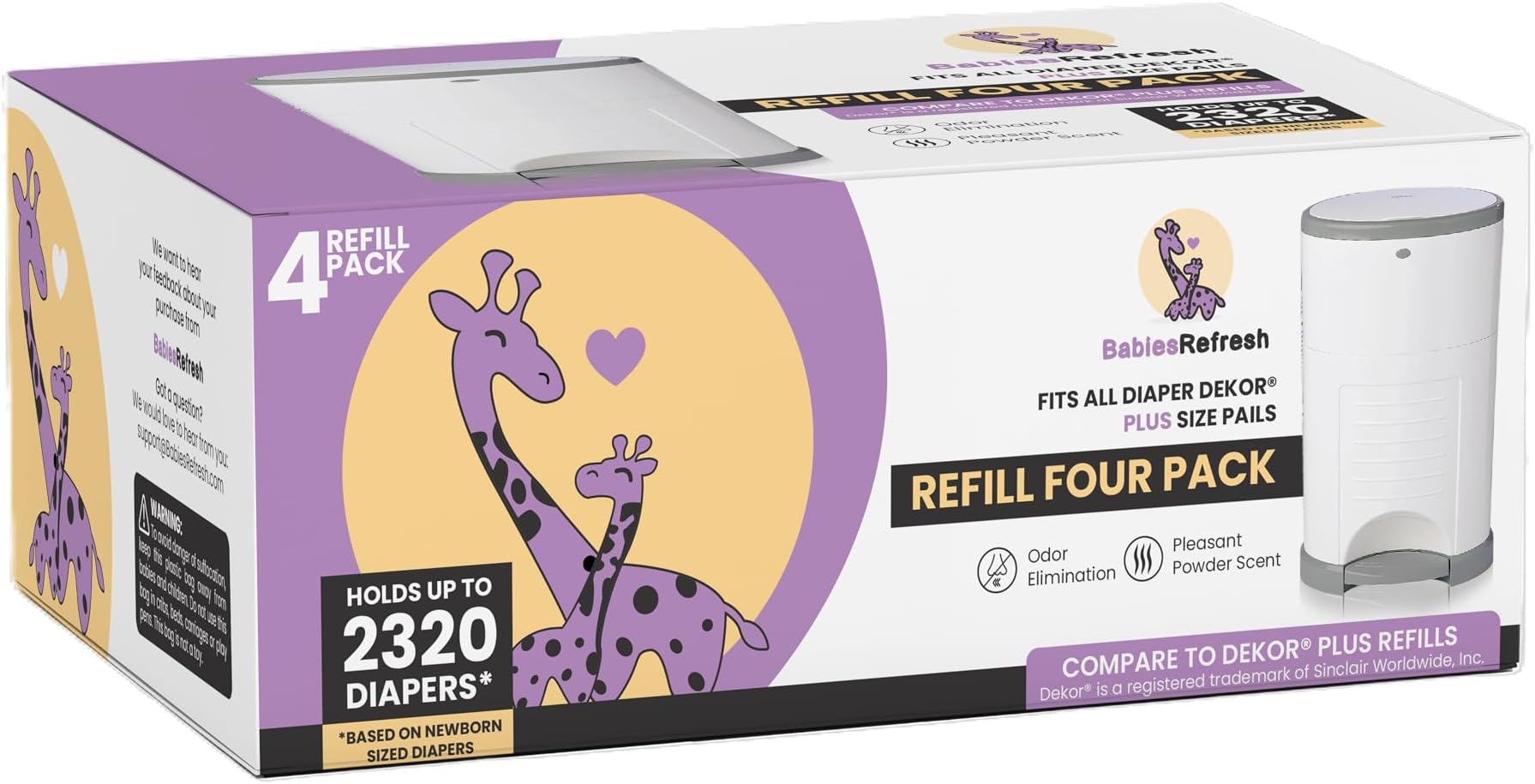 Refills Compatible with DEKOR PLUS Diaper Pail Refills | 4 Pack | Diaper Pail Odor Eliminator| Fresh Powder Scent | Each Diaper Bag Refill Holds up to 2320 Diapers | Diaper bin refill