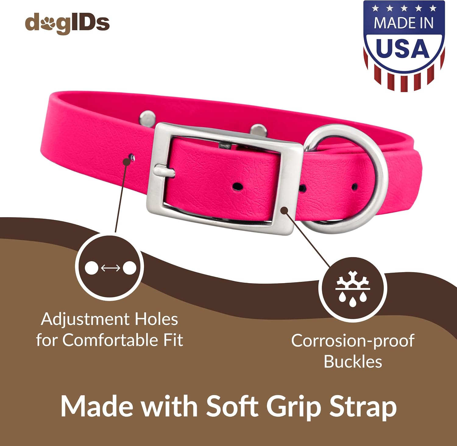 dogIDs Personalized Dog Collar – Custom Waterproof Soft-Grip Biothane with Laser-Engraved Nameplate, Durable & Odor-Resistant, USA Made | Magenta, 1 in x 18 in (Fits Neck Sizes 16-20 in)