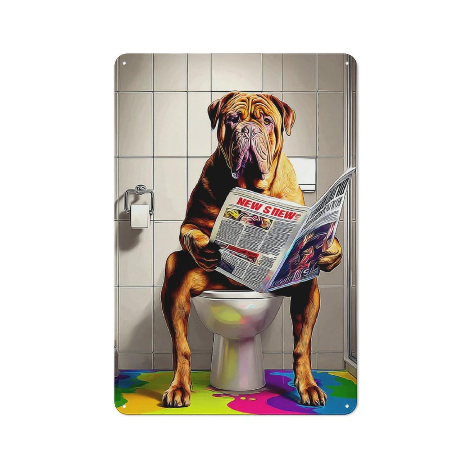 Junmoney Dog Reading Newspaper On Toilet-32 Industrial Tin Sign 30X20cm, Garage Wall Decor For Garage, Hobby Room, Office Or Man Cave