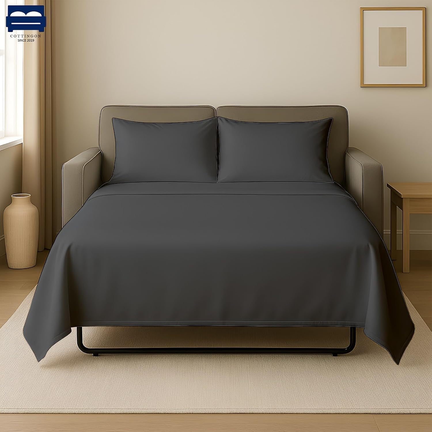 Cottingon 4 PC's Sleeper Sofa Queen Sheets, 100% Microfiber, Dark Grey image 2