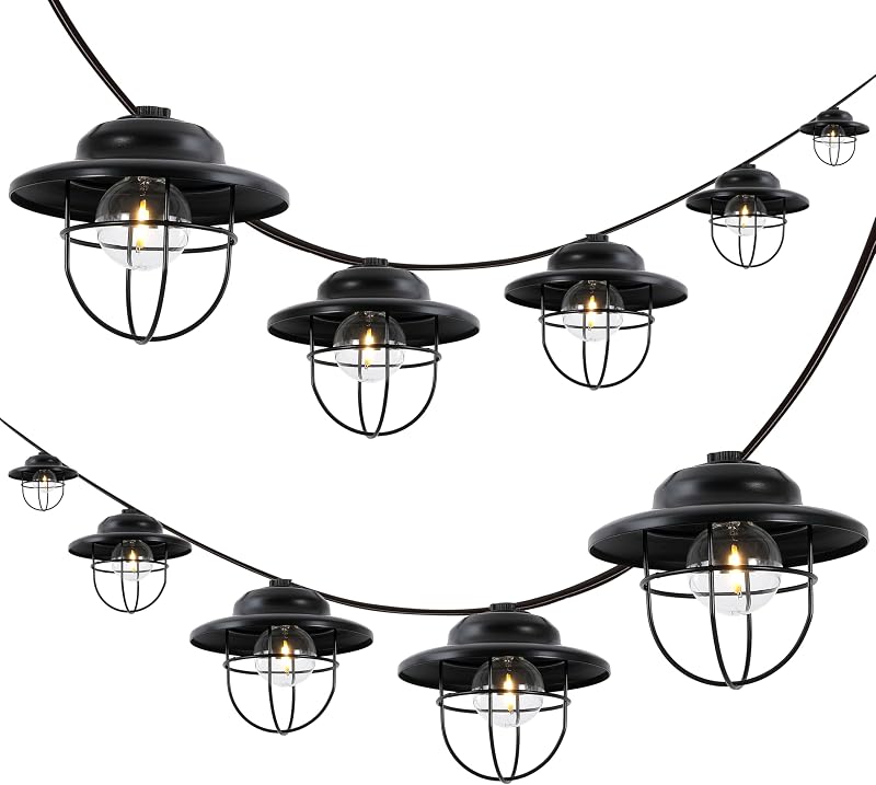 JONATHAN Y 10' Outdoor LED String Lights Metal Shades, Black | Cage Shade, Weatherproof, Connectable, UL Listed, Farmhouse Rustic Decor For Backyard and Porch, LED Bulbs Included