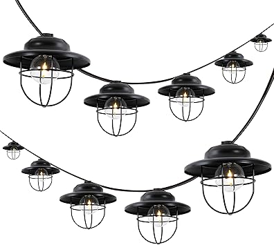 JONATHAN Y 10 Black 10-Light Rustic Farmhouse LED String Lights for Patio, Metal Cage Shade, Weatherproof Connectable Outdoor Hanging Lights, UL Listed JYL8703A