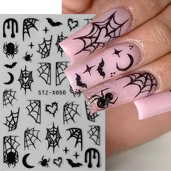 Spider Web Nail Art Stickers Decal Black White Spider Nail Sticker for Nail Art Day of the Dead Nail Art Design Nail Supplies for Women Girls Manicure Decor (Spider)