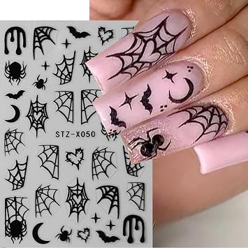 Spider Web Nail Art Stickers Decal Black White Spider Nail Sticker for Nail Art Day of the Dead Nail Art Design Nail Supplies for Women Girls Manicure Decor (Spider)