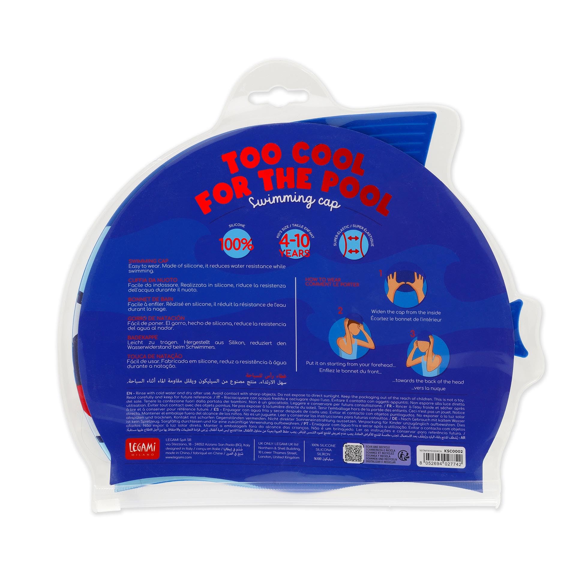 Legami - Gorro de natación, Gorro de natación Infantil, Niños de 4 a 10 años, Fácil de Llevar, Silicona, Gorro de natación, Buen Sellado