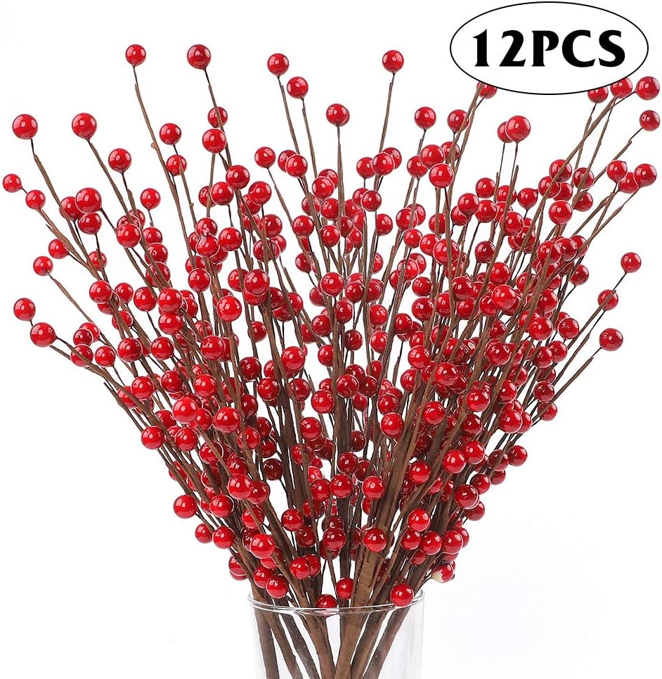 AGEOMET 12 Artificial Red Berry Stems Holly Berries for Christmas Decoration Crafts Holiday Home Decor