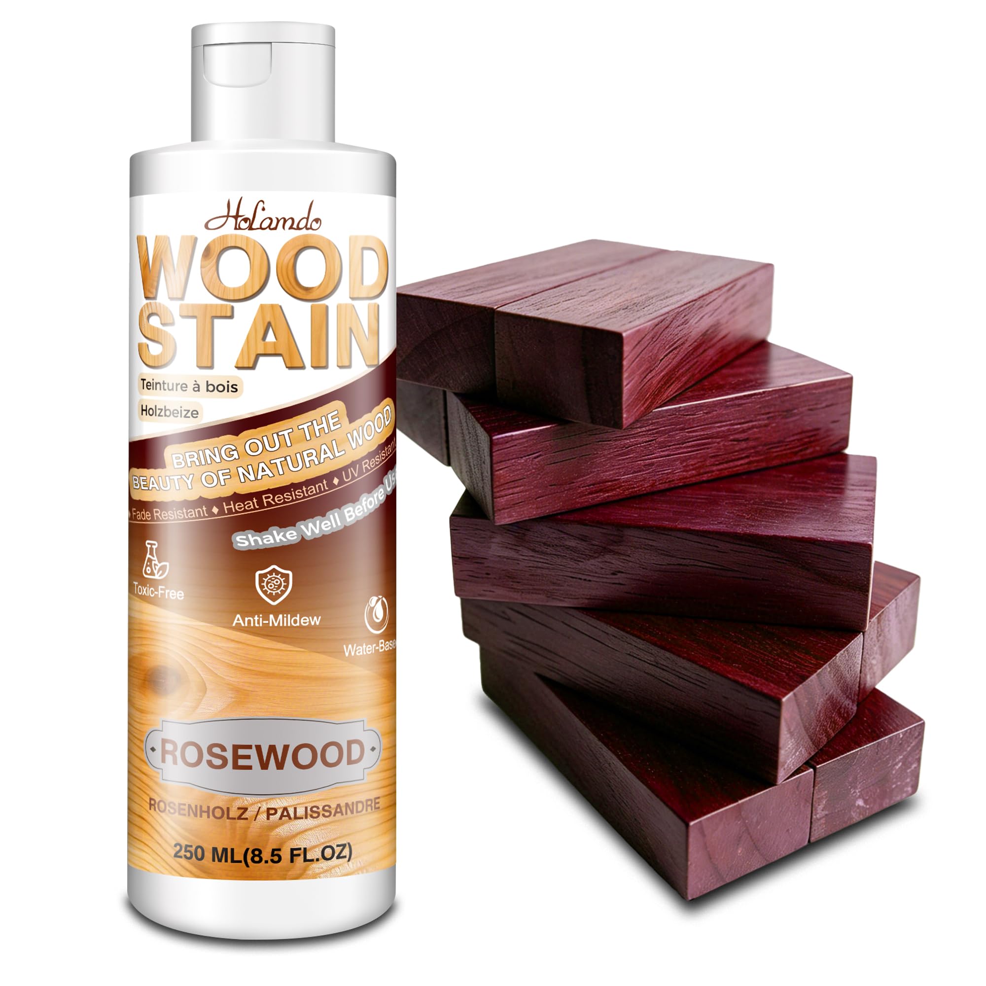 Water Based Wood Stain 250ml, Rosewood – Indoor Outdoor Furniture Stain & Wood Varnish for Doors, Windows, Paneling & Cabinets, Low Odor Non-Toxic, Fade Resistant, Multiple Finishes