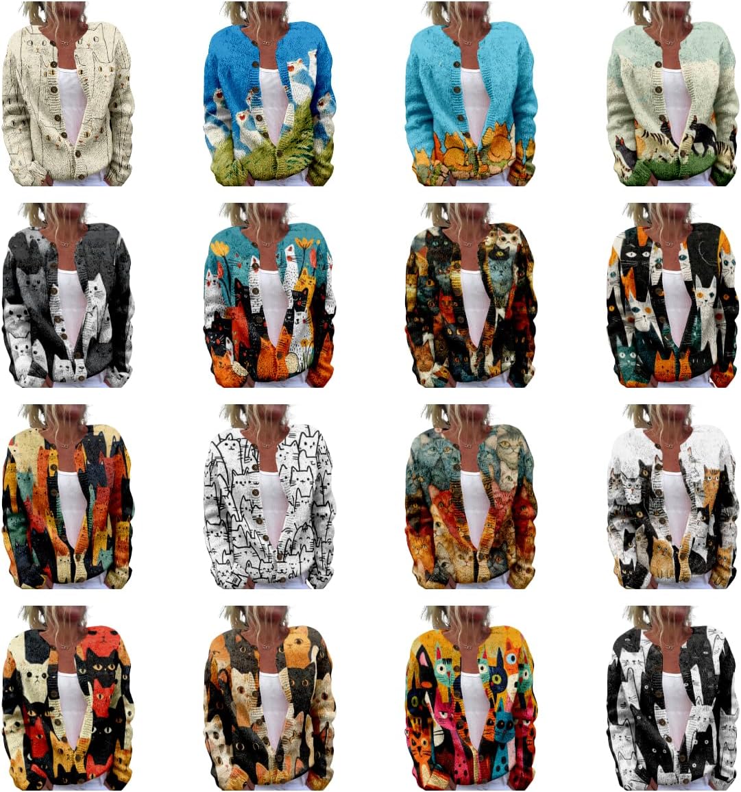 Cat Sweaters for Women Cute Button Up Cardigan Oversized 2024 Fall Fashion Crewneck Dressy Trendy Tunic Sweater - Image 3