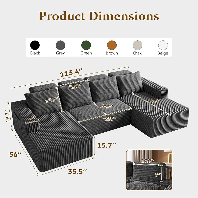 Boneless Couches for Living Room 113" - Modular Sectional Sofa with Side Pockets U Shaped High Back Oversized Deep Seat Corduroy No Assembly Cloud Comfy Floor Couches (Grey) image 2