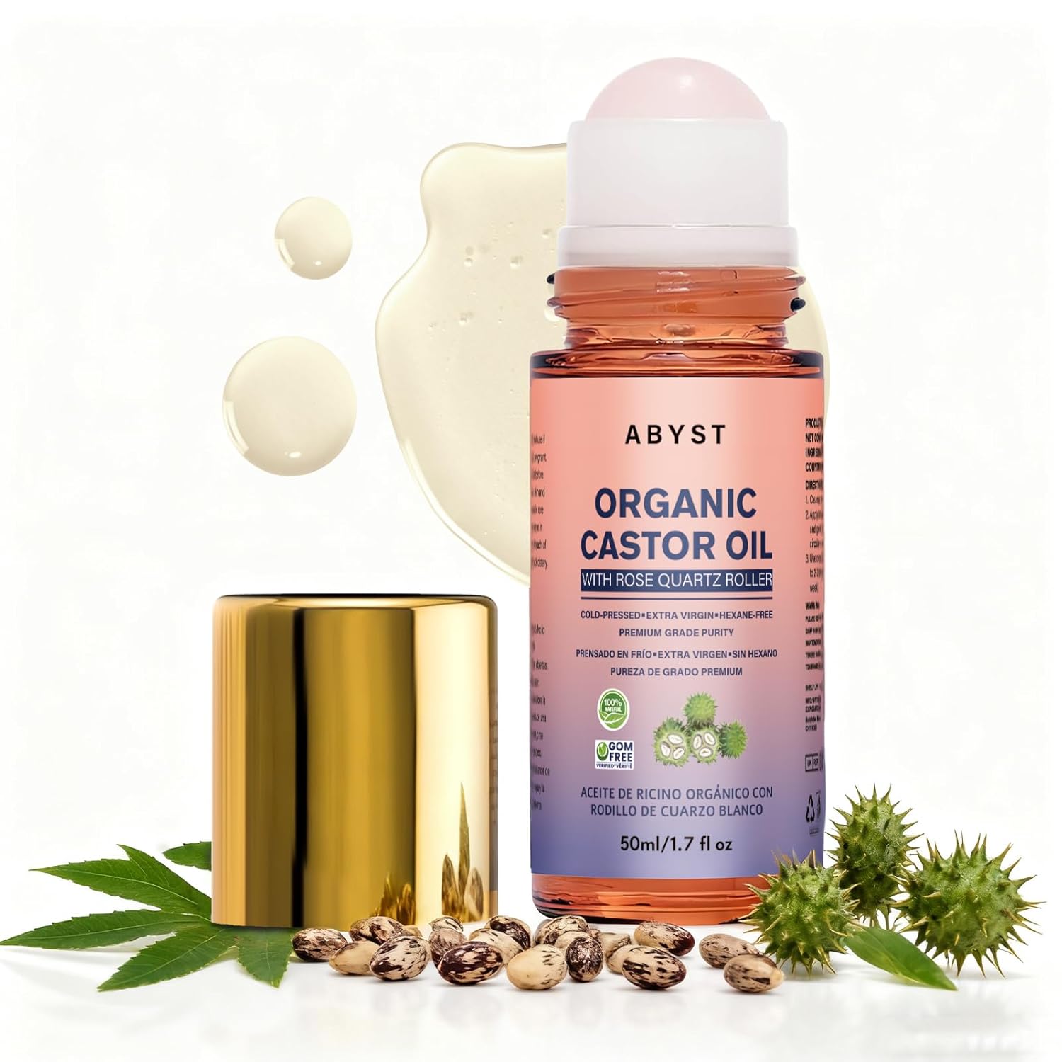 Organic Castor Oil Roll On - Rose Quartz Roller Ball for Face & Body, Skin & Hair Moisturizer, Glass Bottle, Pure & Natural, Cold-Pressed (1)