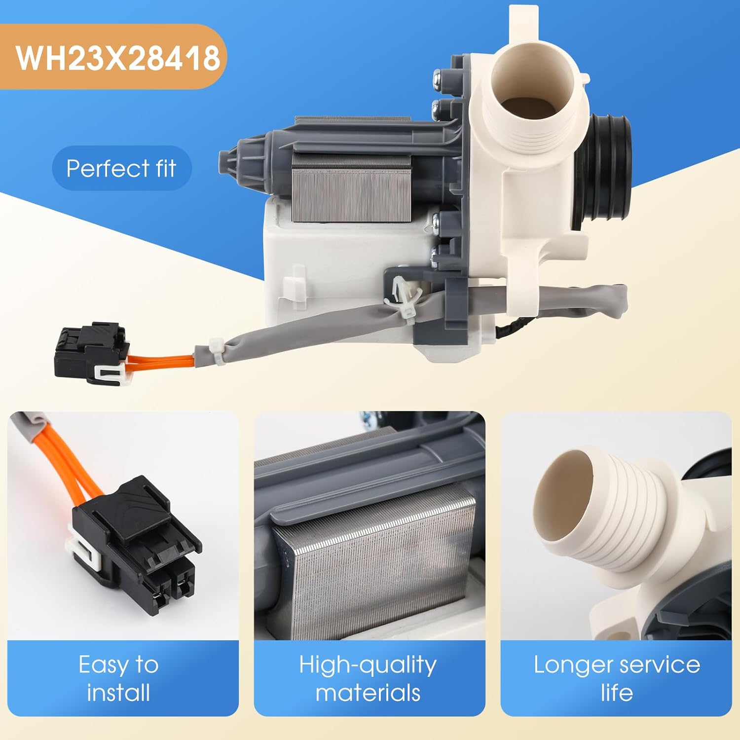 OEM 290D1201G003 WH23X28418 Washer Drain Pump Assembly Compatible with GE Hotpoint, Replaces WH23X24178 WH23X27574 4958182 AP6889136 PS12723115 EAP12723115 290D1201G001 B40-3A01 B30-3A02