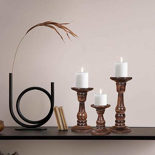 Miniatura 2 de Juego de 3 portavelas de madera (10, 8, 6 pulgadas) Portavelas de pilar hecho a mano Portavelas decorativo de madera de mango rústico para el