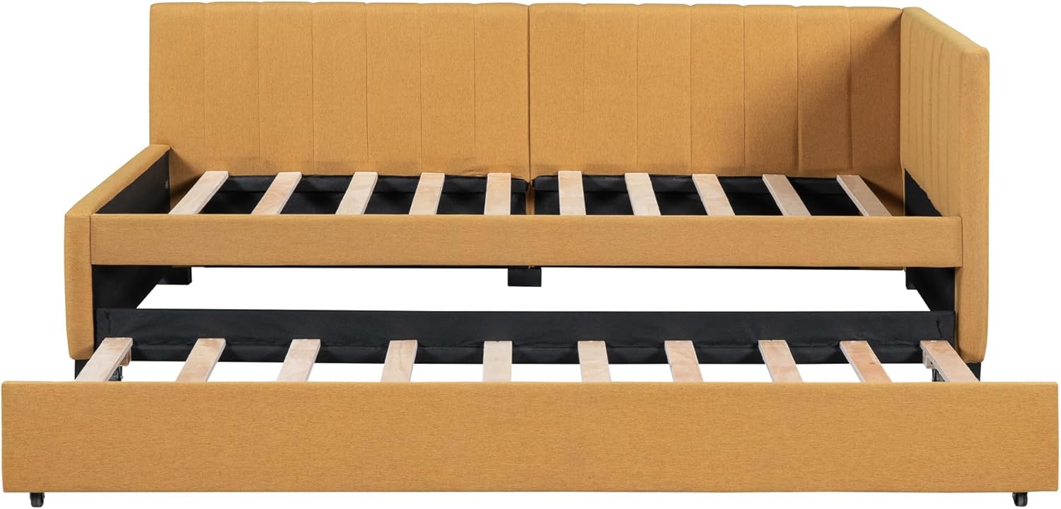 Harper & Bright Designs Upholstered Daybed with Trundle, Twin Size Daybed with Wood Slats, Linen Fabric Sofa Bed Frame for Living Room Bedroom (Twin, Yellow)