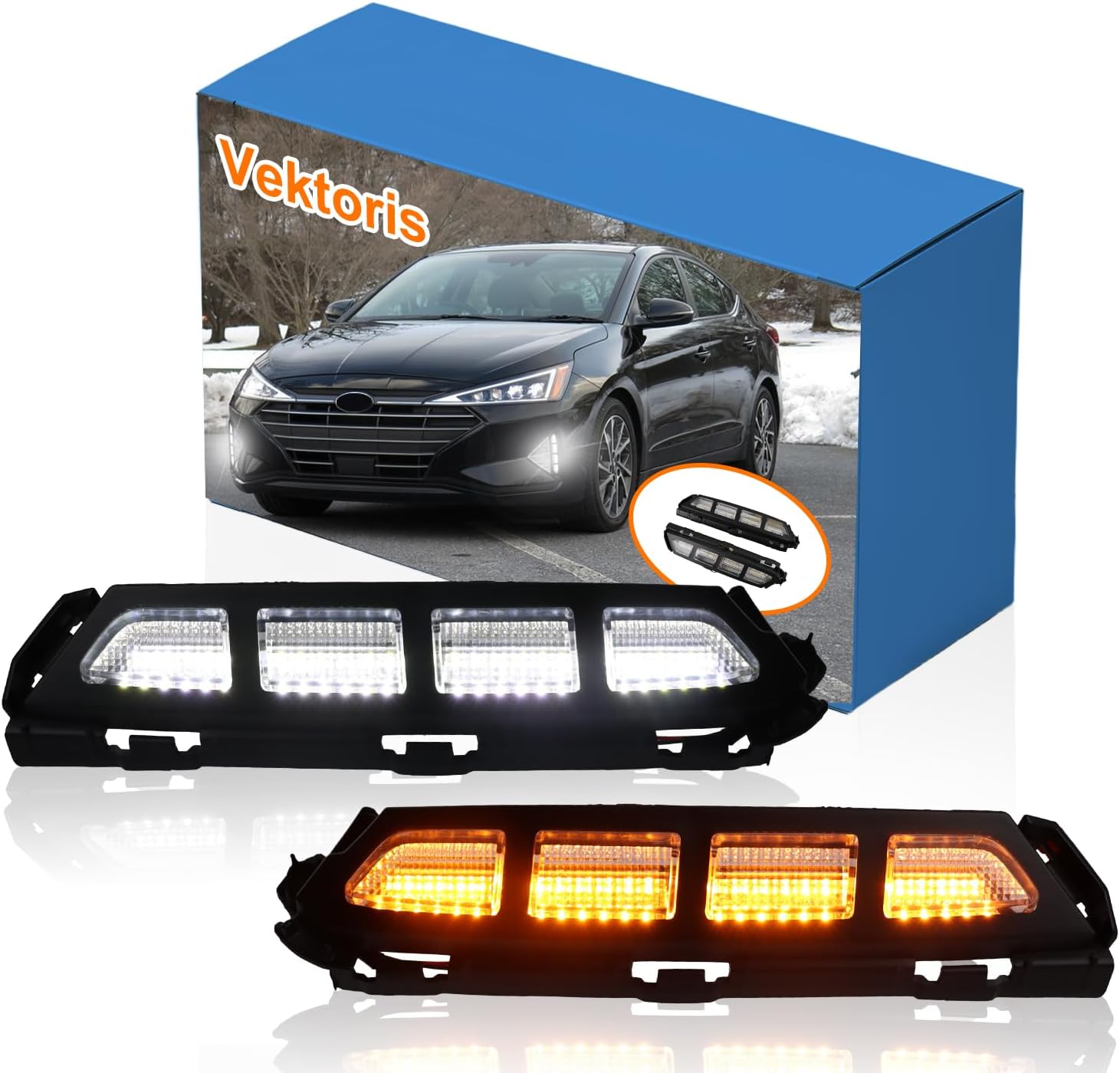 LED Front Bumper Fog Lights for Hyundai Elantra 2019 2020 - (L+R) Replacement front panel Trim, Function as White Daytime Running Light DRL & Amber Sequential Turn Signal Light