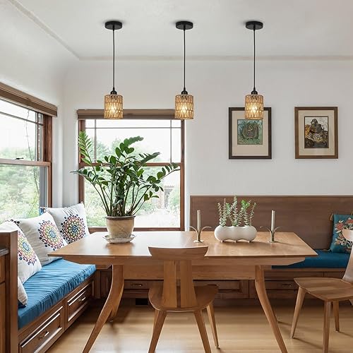 Miniatura 7 de LAMSU Paquete de 3 luces colgantes de ratán para isla de cocina, iluminación colgante de granja con pantalla de mimbre tejida a mano, lámparas de
