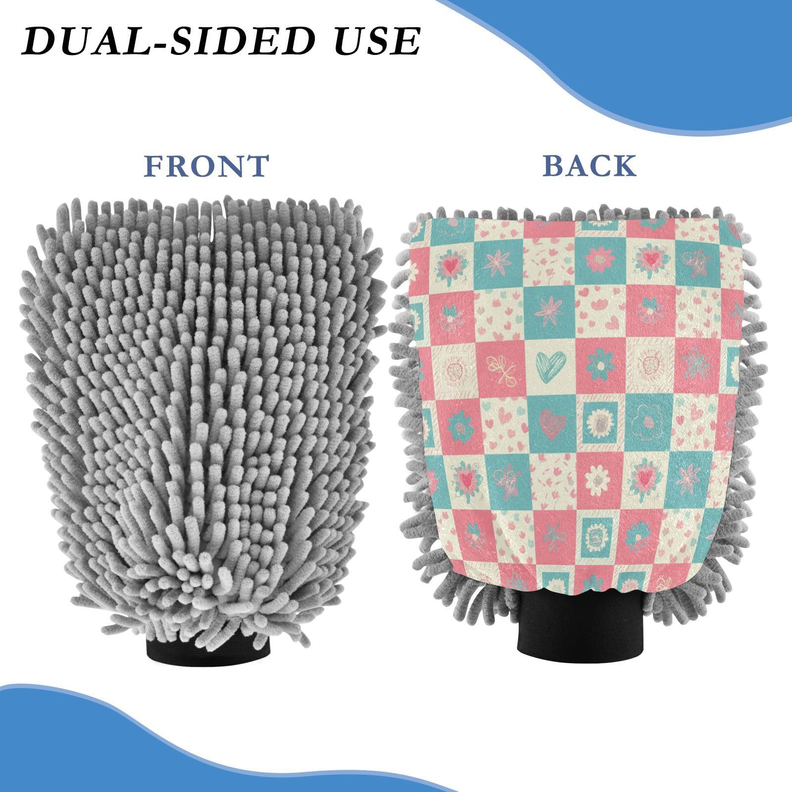 Kigai Beautiful Patchwork Floral Patterns Car Wash Mitt Microfiber, 2Pcs Scratch Free Lint-Free, Premium Chenille Microfiber Mitt Car Wash Brush-M