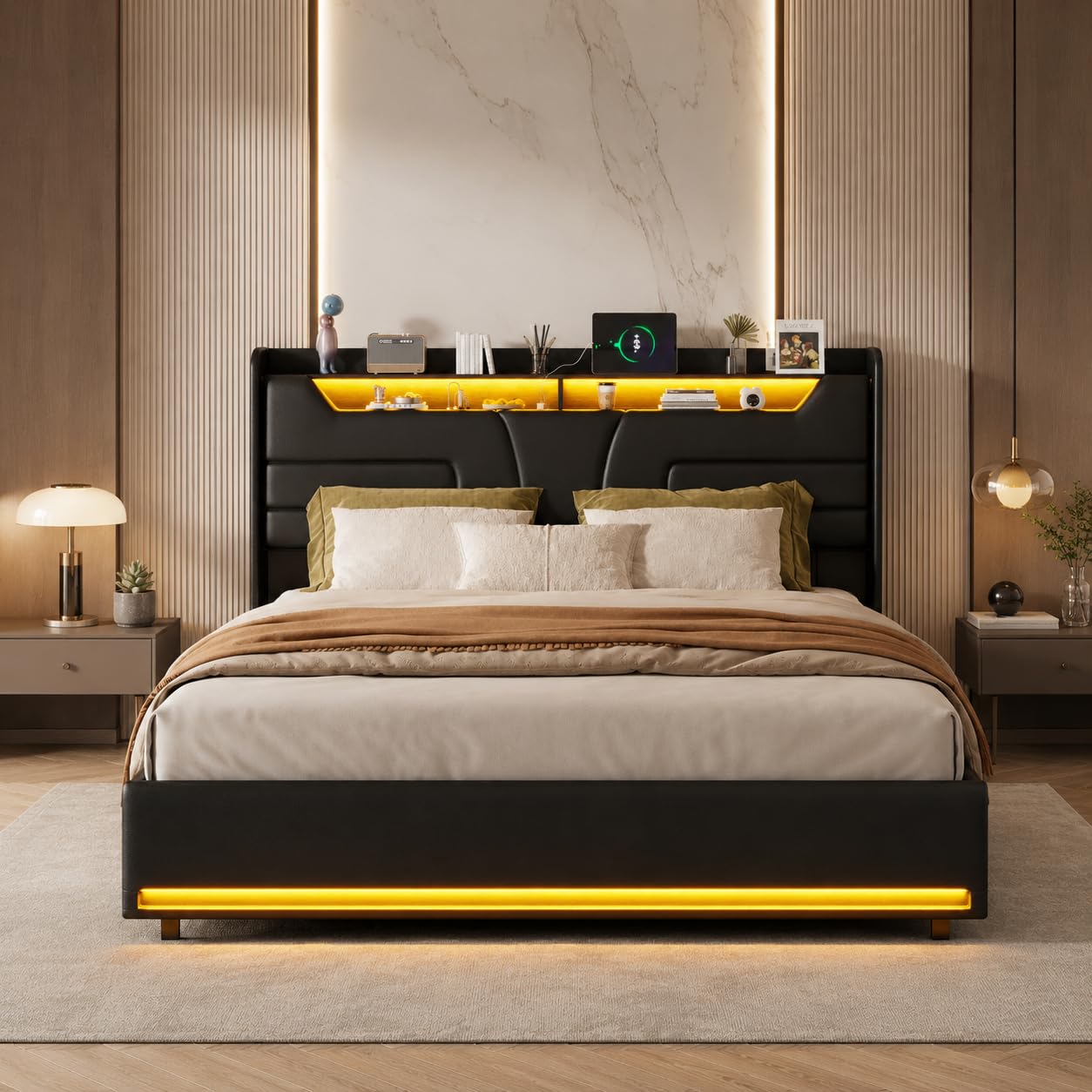 Letto Matrimoniale 160x200 cm con LED RGB, Testiera Imbottita Nero PU, Struttura a Stecche Rinforzata, Contenitore ad Apertura Gas e USB, Senza Rete Elasticizzata Richiesta (Nero PU, 160x200)
