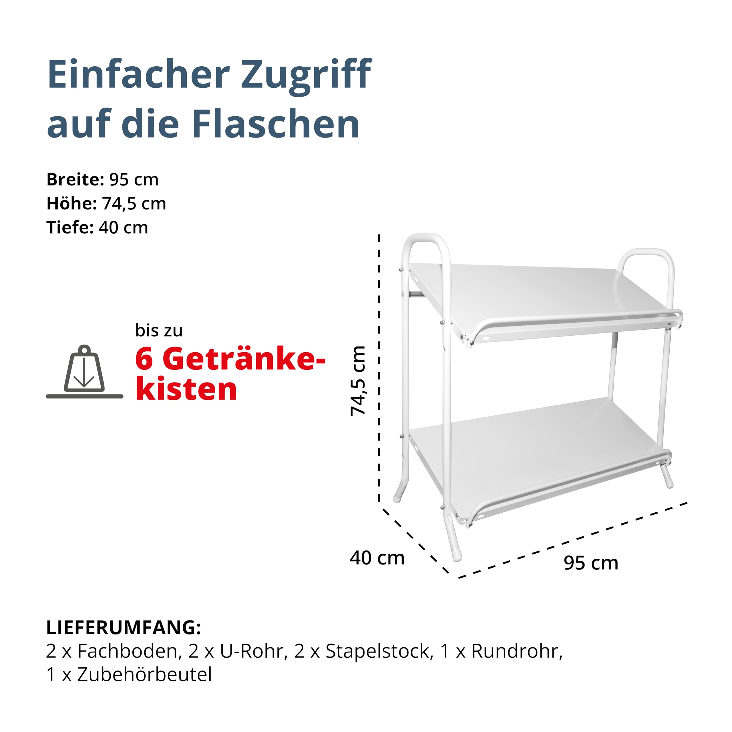 SCHULTE Regalwelt Getränkekistenregal für bis zu 6 Kisten, 74,5x95x40 cm (HxBxT), Traglast pro Ebene ca. 60 Kg, weiß, Getränkeregal, Bierkistenregal, Flaschenkastenständer, Wasserkistenregal