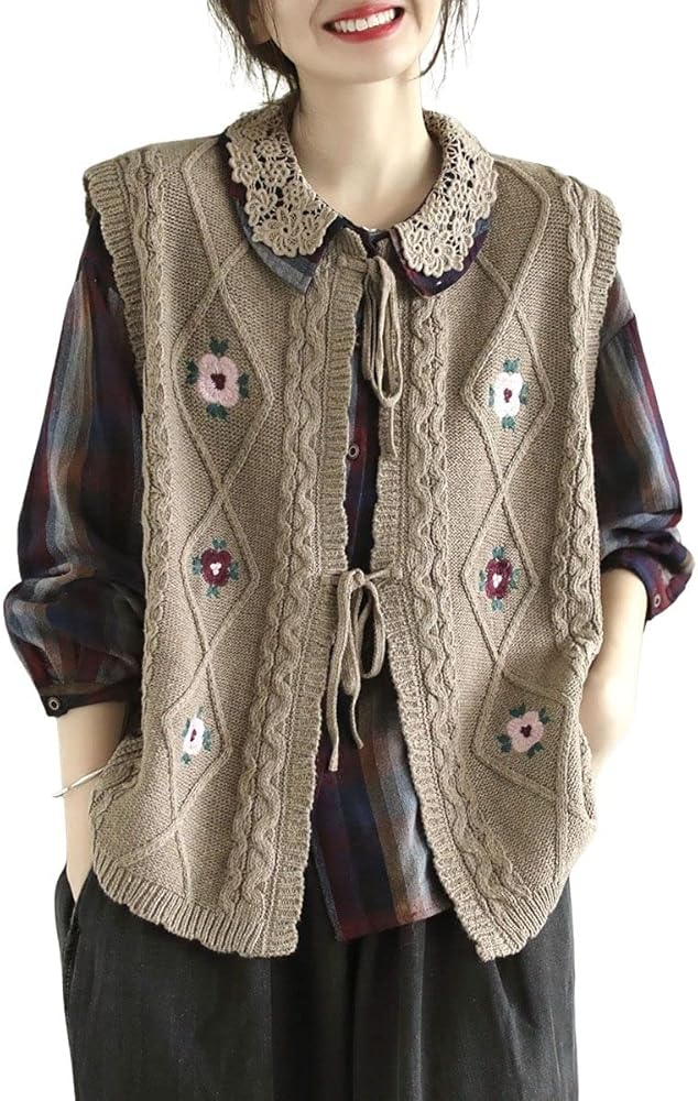 chouyatou Women's Vintage Flower Embroidered Lace Up Cable Knit