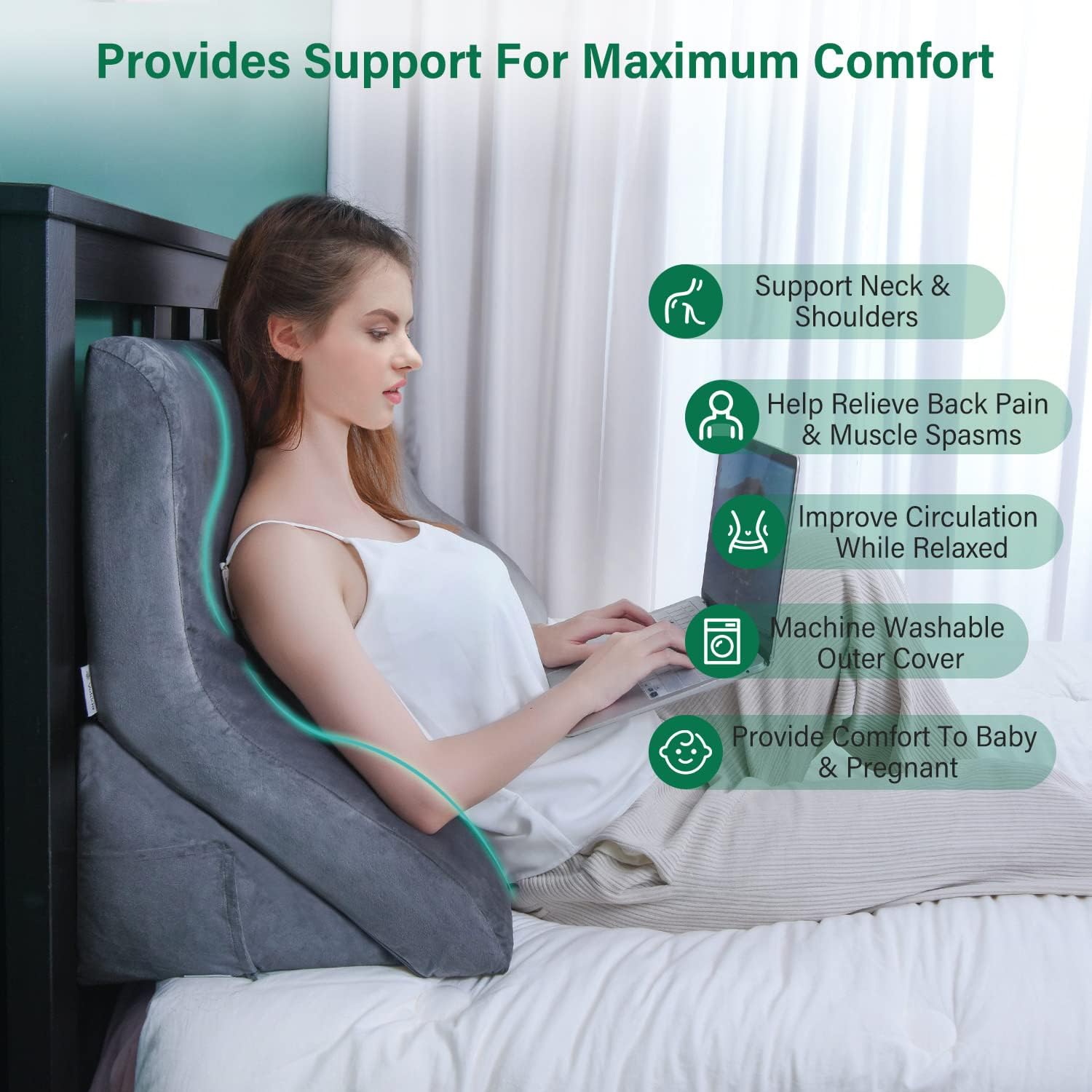 Vekkia Headboard Bed Wedge Pillow Set Foam, Adjustable Bolsters for Body Positioners, Reading Bedrest Throw Pillows with Removable Cover for Back Support, Watching TV. Grey Queen Size