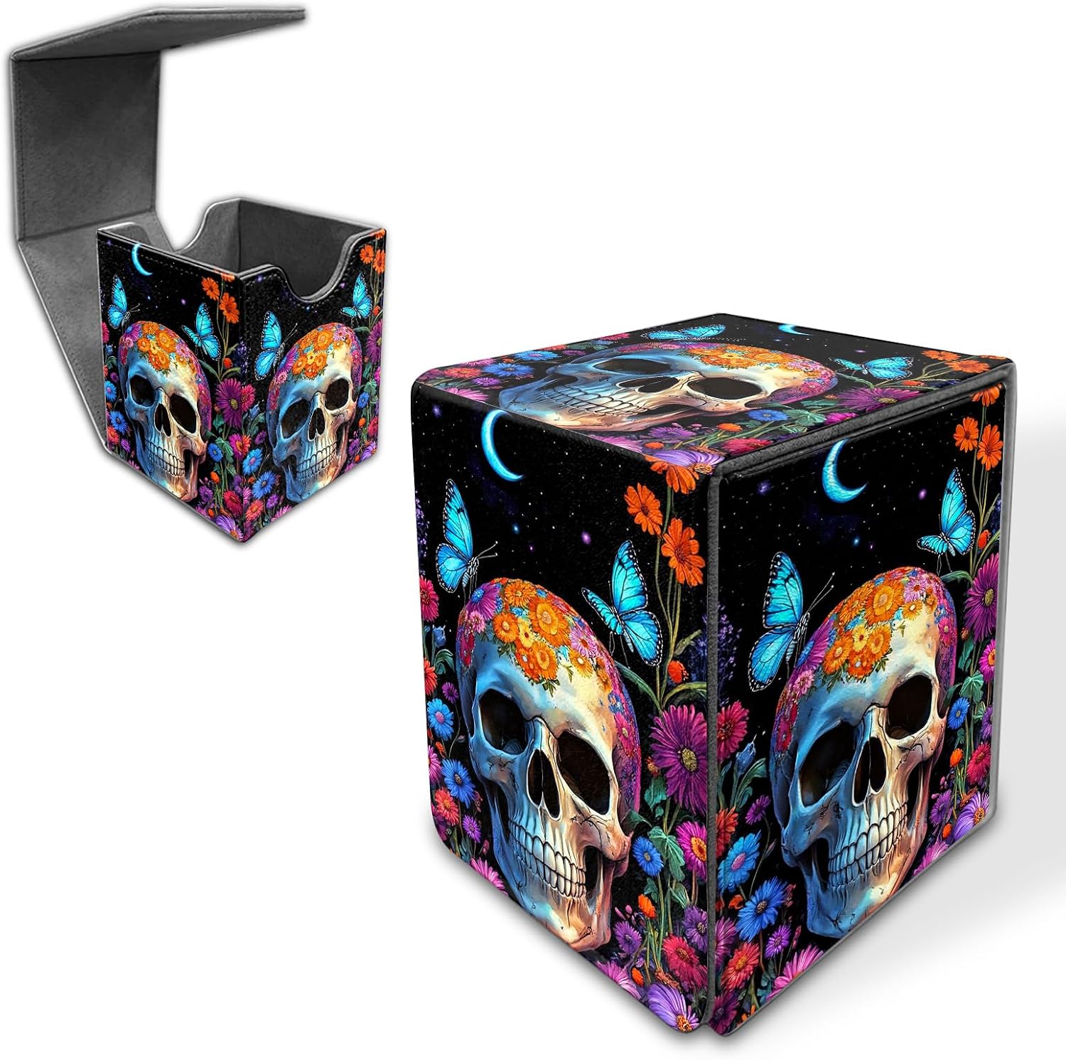 Deck Box for MTG/TCG/CCG, 100+ Sleeved Card Holder, PU Leather Trading Card Storage Box Case with Magnetic Closure, Quick Access for MTG Commander Game Cards, Floral Skull Butterflies