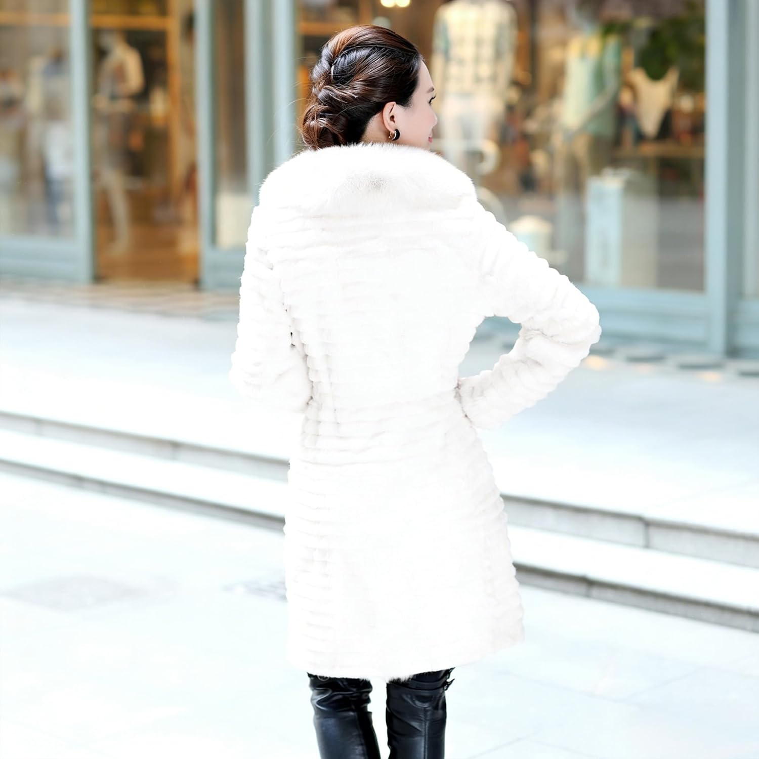 Fur Story Women's Long Real Rabbit Fur Coat with Fox Fur Placket Coat - Image 4