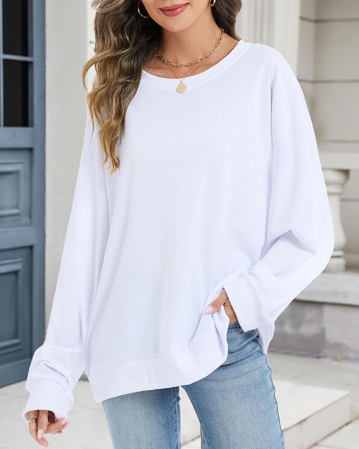 CHICGAL Sweatshirt for Women Long Sleeve Shirts Crewneck Color Block Solid Cute Pullover Casual Tunic Tops (White, L) - Image 5