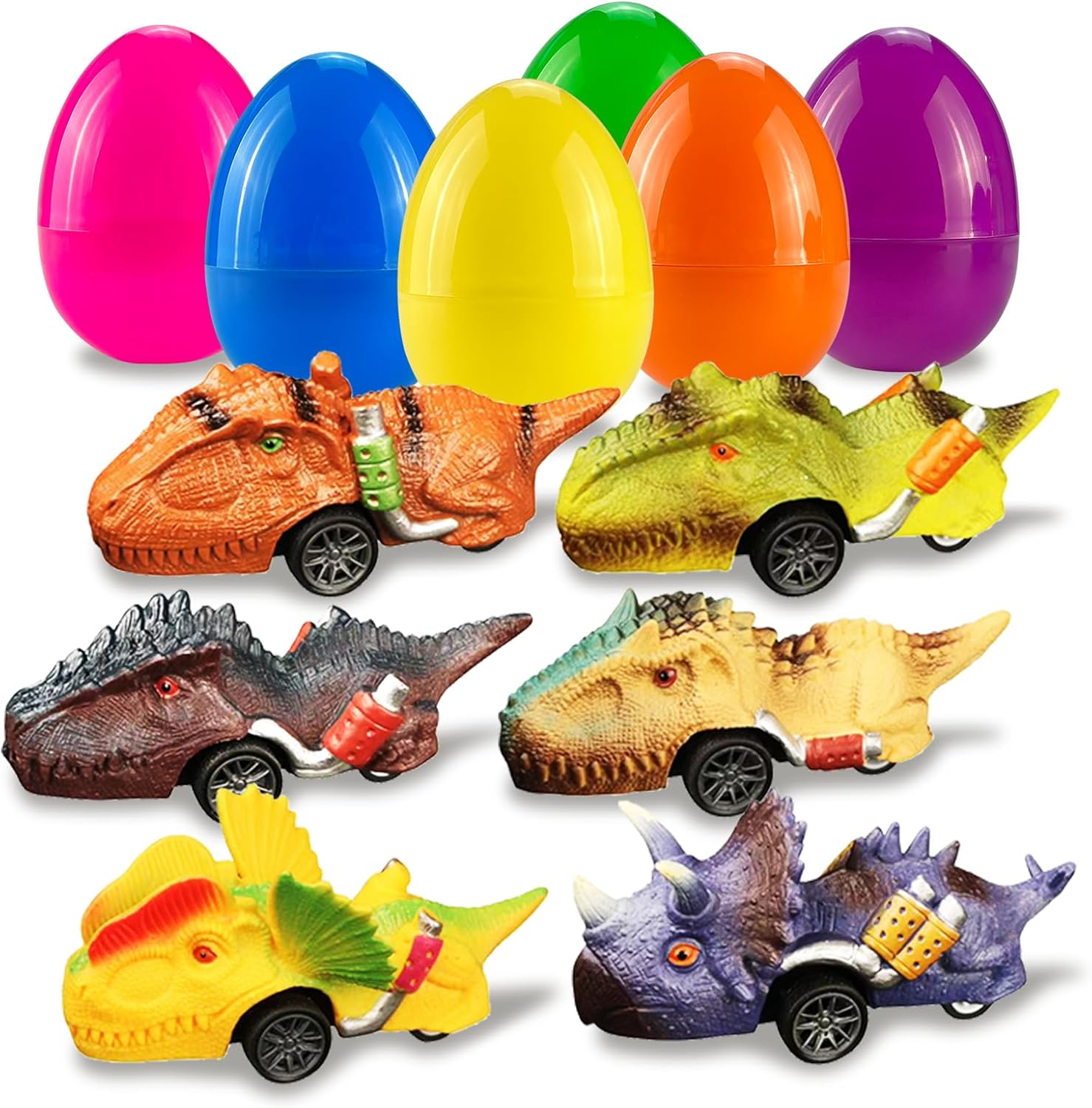 EA Kong Supplies 6 Pcs Prefilled Easter Eggs with Metal Dinosaur Car Toys Vehicles Set for Kids Girls Boys Easter Basket Stuffers Party Favors Hunting Egg