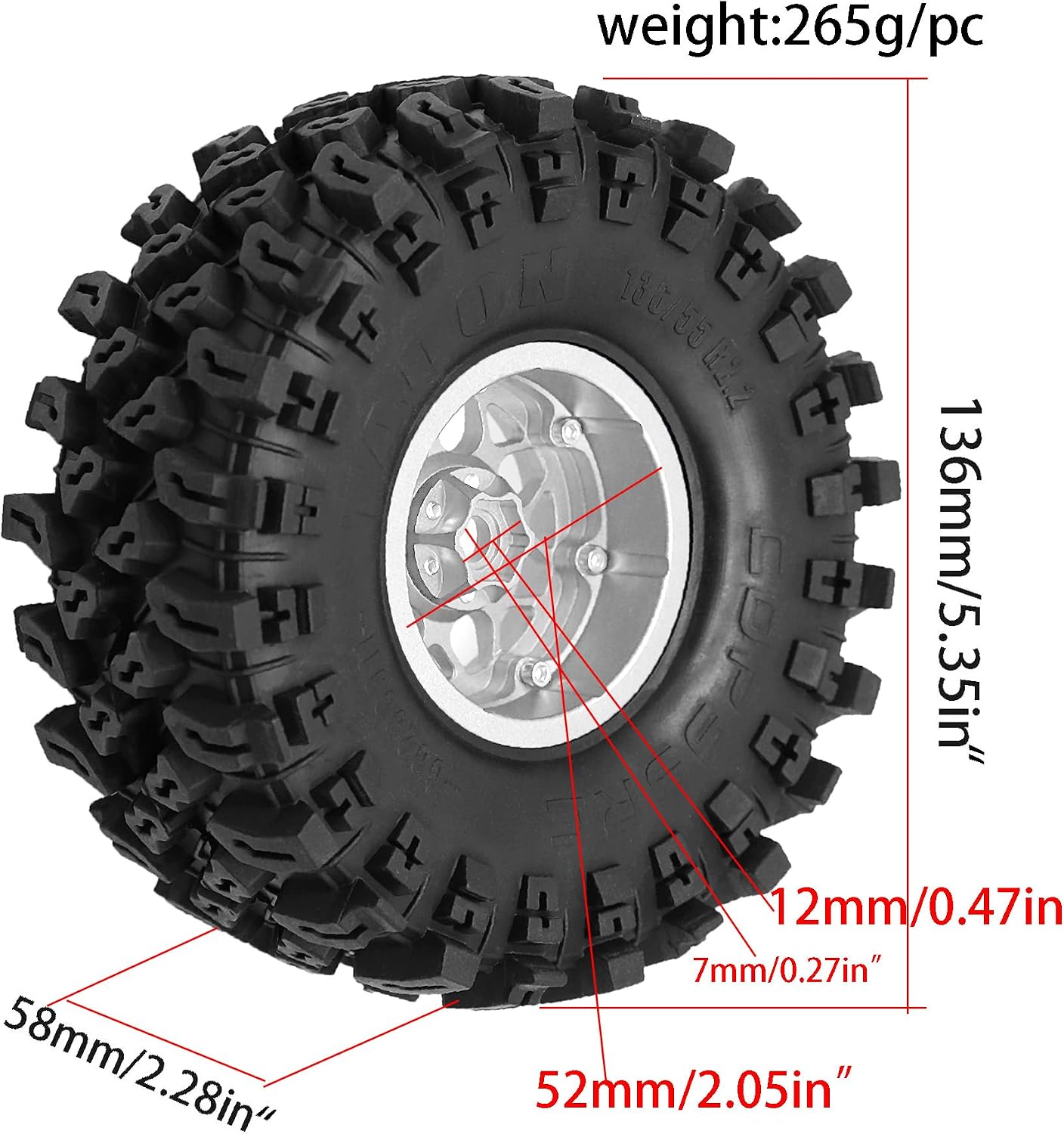 REDSPIDER•2.2'' Metal Beadlock Wheels and Mud Terrain Crawler Tires Set（4PCS）2.2in RC Big Tire OD 5.35in for 1/8 1/10 RC Crawler Car Upgrade KM5 YK4082 YK4083 SCX10 RBX10 RR10 TRX4 TRX6﻿ (Silvery)