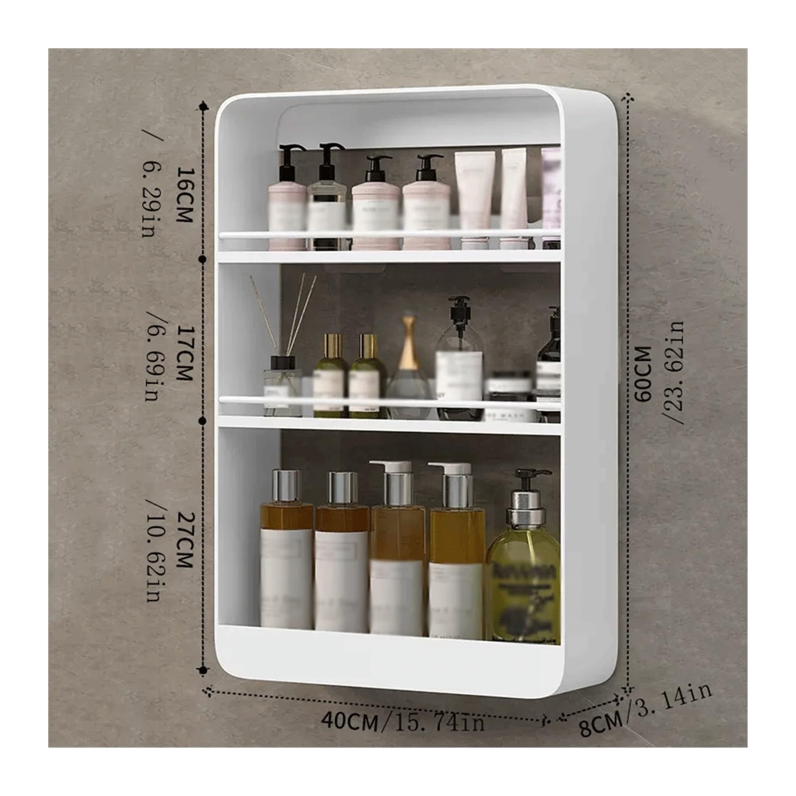 Organizador Ducha Estantes montados en la pared del inodoro Estantes de almacenamiento de cosméticos de tres capas Estantes de metal montados en la pared sin perforaciones Estante Ducha(Blanco)