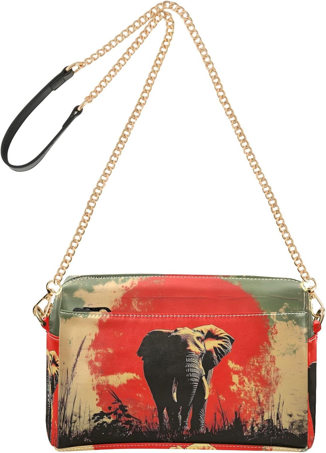 Women Crossbody Bag Shoulder Handbag Cellphone Purse PU Leather Metal Chain Strap Water Resistant Zipper Closure African Elephant Print