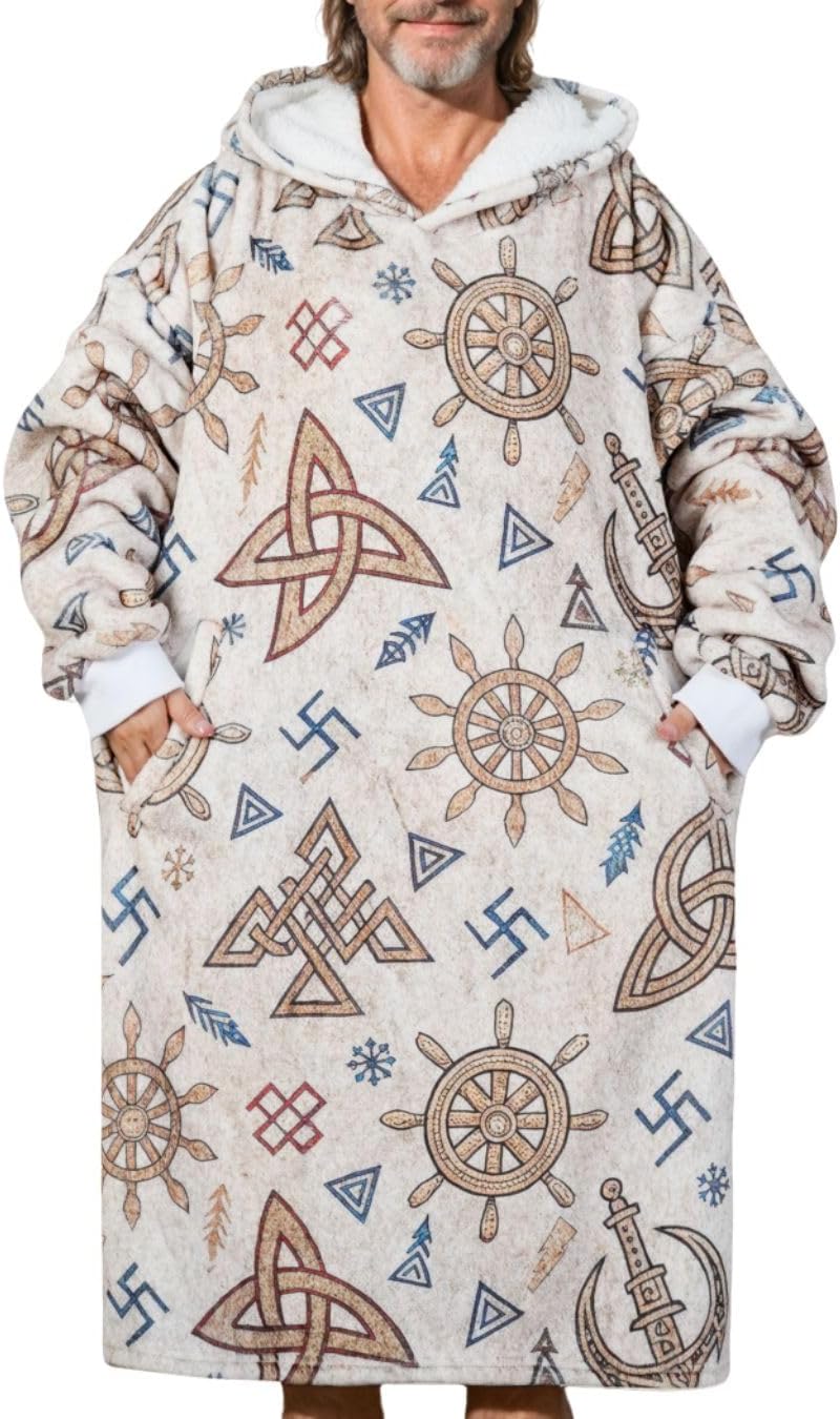 Viking Gifts for Men, Norse Mythology Wearable Flannel Blanket Hoodie With Two Large Pockets, Perfect for Birthday & Christmas - Rune/Yellow