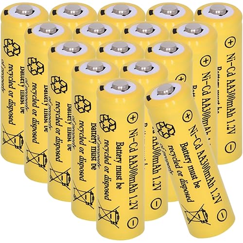 16 Packs AA 300mAh Ni-CD 1.2V Rechargeable Batteries, Pre Charged Solar Light Batteries Double A for Outdoor Solar Lights, String Lights, Pathway Lights