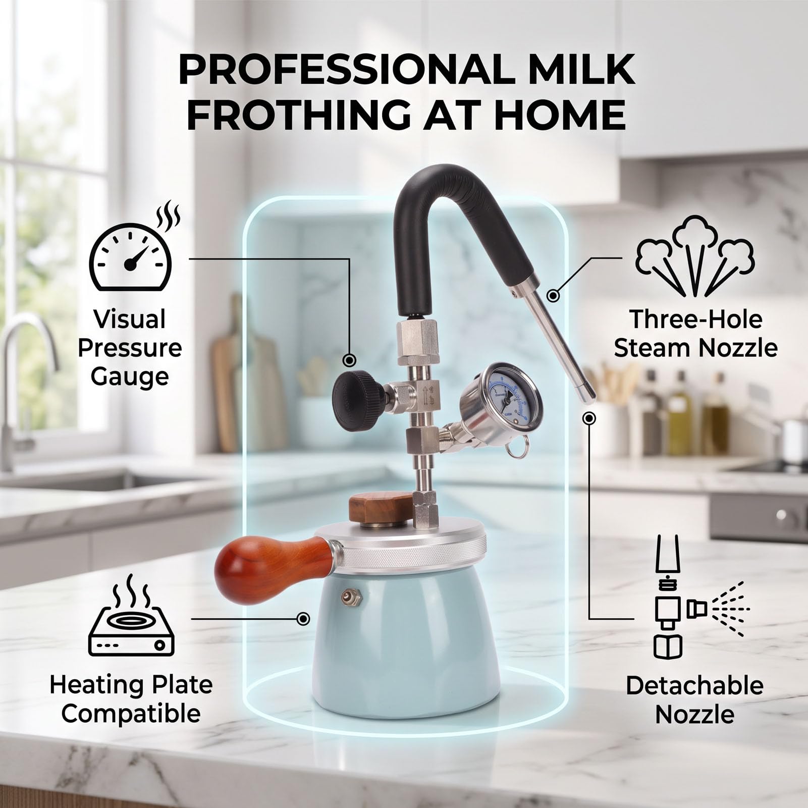 450ML Schiumatore per Latte da Fornello con Manometro