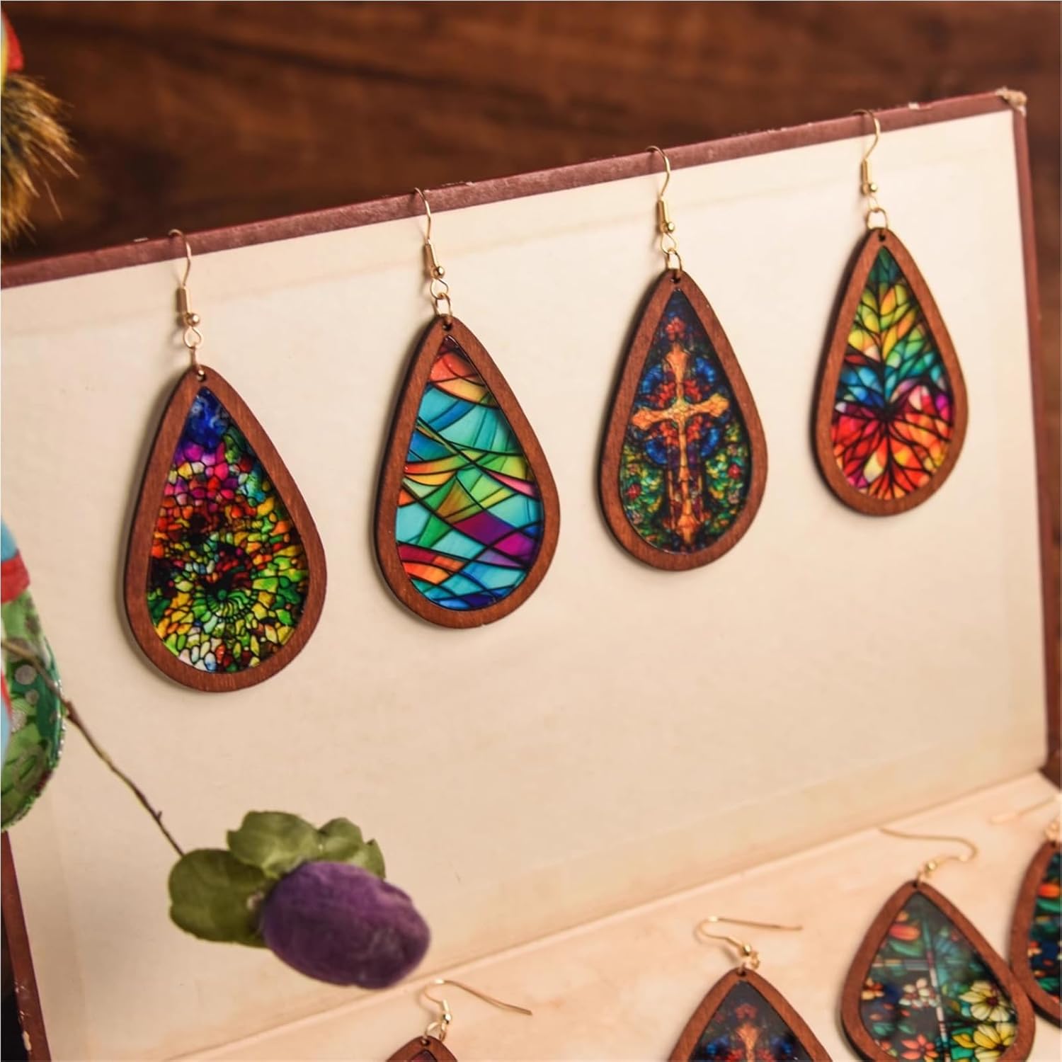 Handmade Wooden Earrings for Women Unique Church Artist Teardorp Earrings Colorful Acrylic Church Glass Earrings Cross Earrings - Image 5