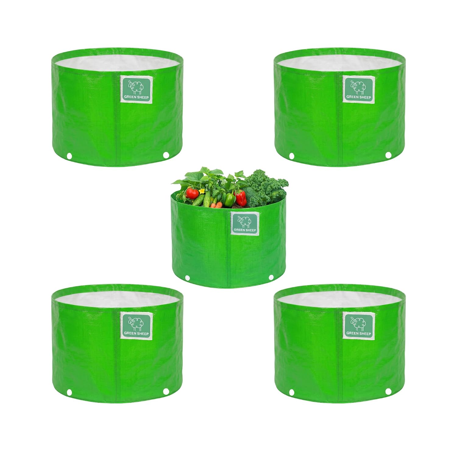 GREENSHEEP HDPE Grow Bag Heavy Duty 260 GSM Round Plants Flower Growing Bags Floor Standing Mount Type for Home Garden Balcony Terrace Kitchen Nursery (Green, 6x6 inch, Pack of 5)