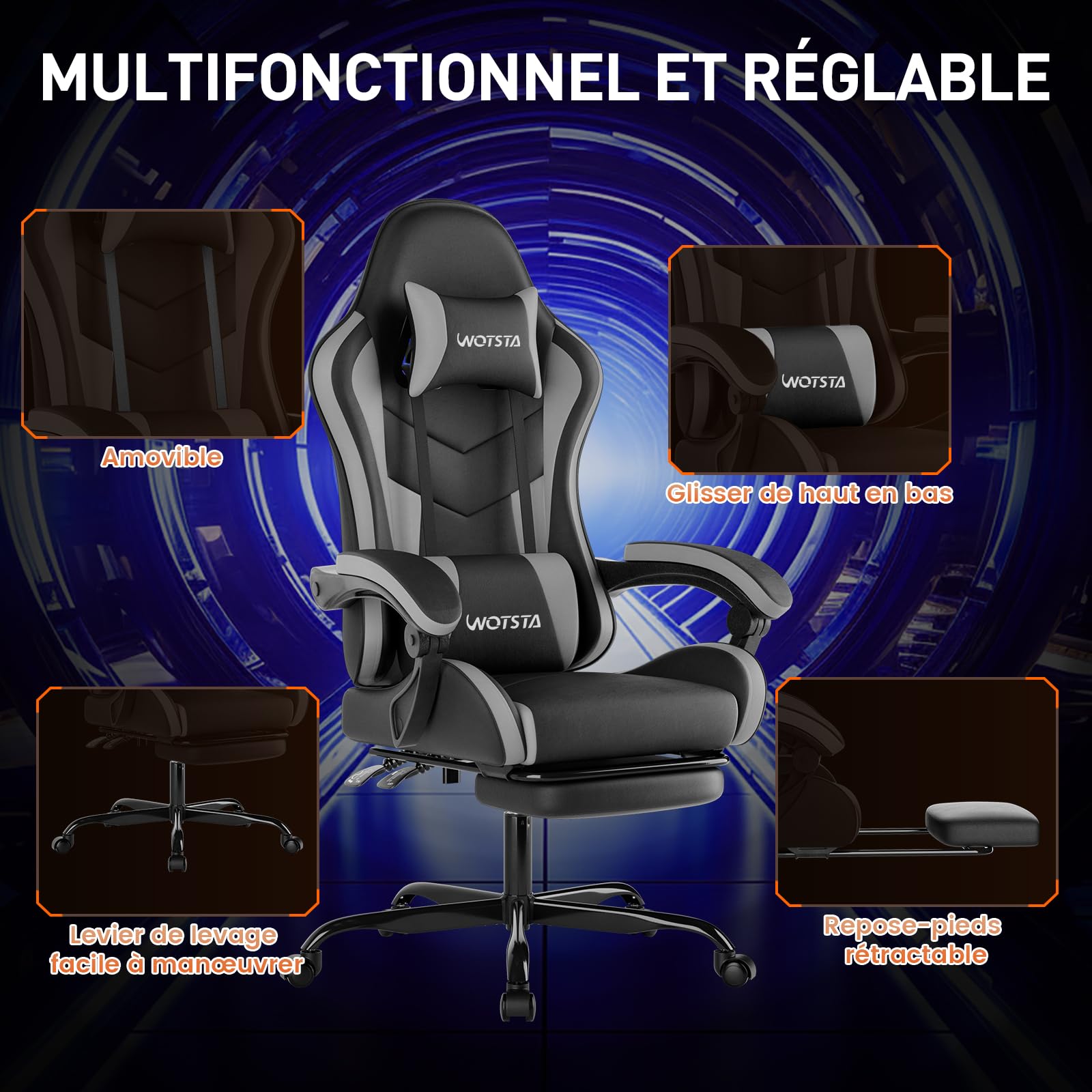 Chaise Gaming, Fauteuil Gamer avec Massage Lombaire, Chaise Ergonomique Repose-Pieds Rétractable, Siège Gaming Confortable en Cuir, Chaise Bureau avec Dossier Inclinable à 135°, Charge 120 KG