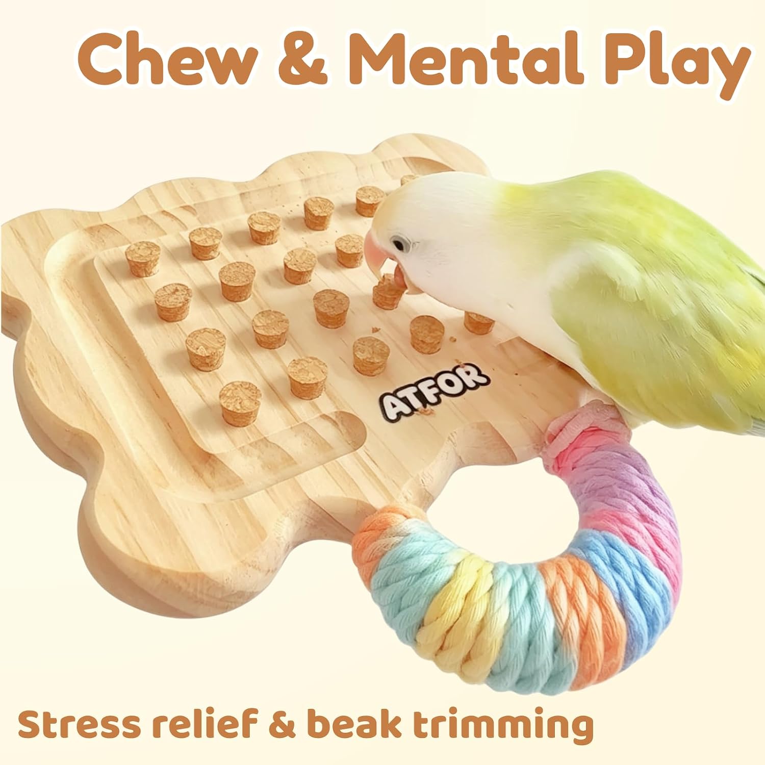 Parrot Toy Cork Pulling Puzzle – 30x Natural Cork Stoppers with Wooden Cookie Shaped Base, Small Medium Parrot Chew Toy for Boredom Buster, Cage Mount Foraging Toy image 5