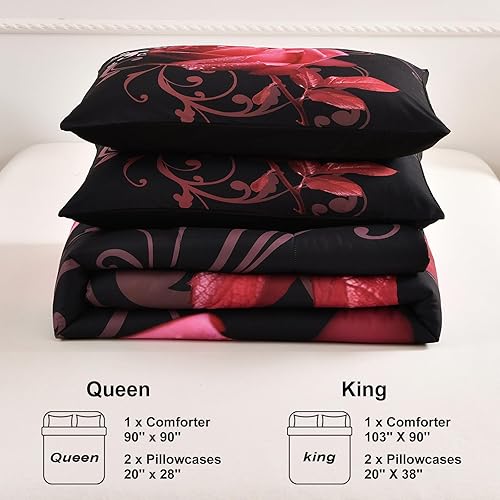 Miniatura 7 de Juego de edredón rosa tamaño Queen reversible con patrón de rosas rosas rosas con 2 fundas de almohada para todas las estaciones, juego de ropa de