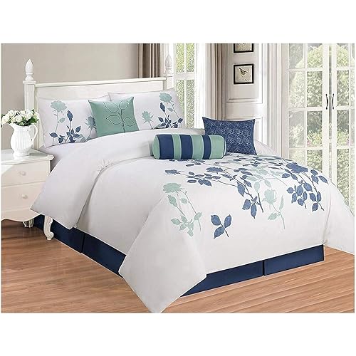 All American Collection New 7 Piece Embroidered Over-Sized Comforter Set (King, White/Blue)