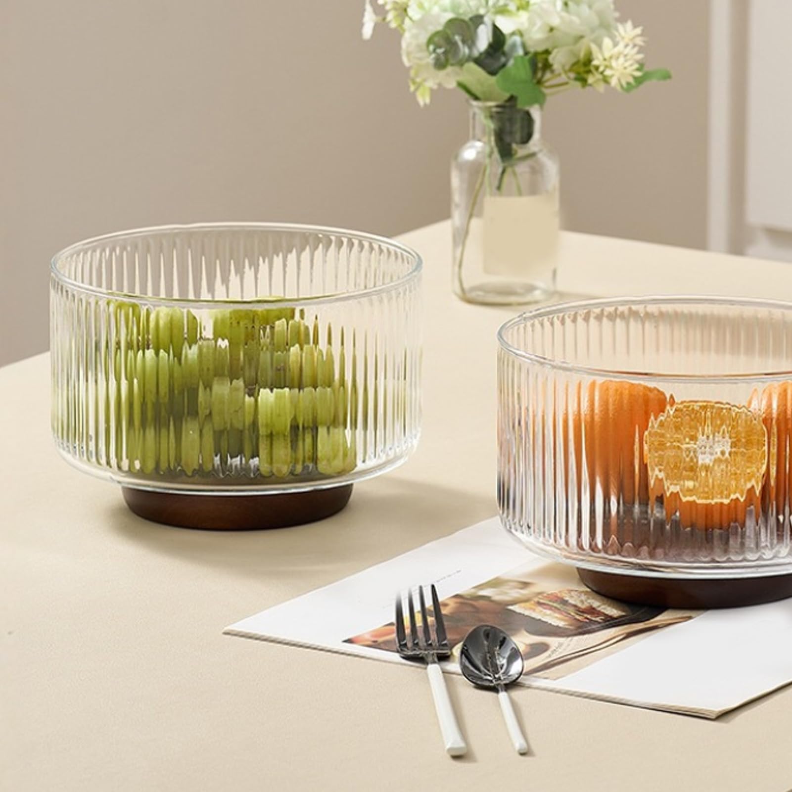 Gerippte Salat-Servierschüssel aus Glas, Transparente Pasta-Obstschale 17,5 Cm mit Holzsockel und Deckel für Küche, Esszimmer, Hochzeitsgeschenk (S)