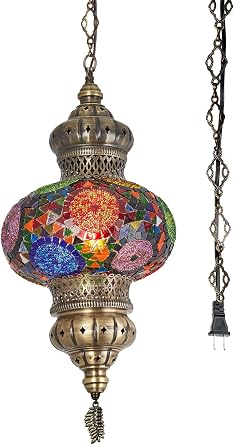DEMMEX 10" Diameter XL Mosaic Globe Turkish Moroccan Hanging Pendant Lamp, Plug-in Ceiling Light with 15 ft Chain & Cord, 2.5 ft Hanging Height, No Wiring, Handmade Multicolor