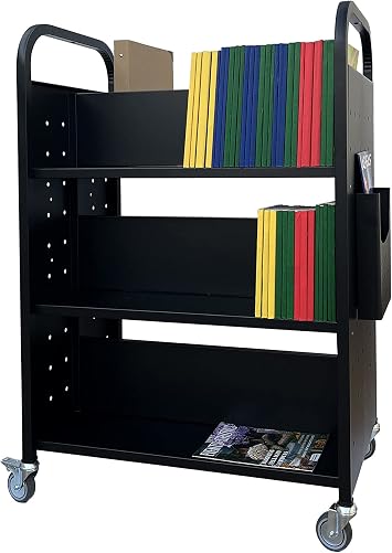 Workington Rolling Book Truck Book Cart with 3 Flat Shelves, Double Sided Library Office School Book Cart with Swivel Lockable Casters 3002 Black