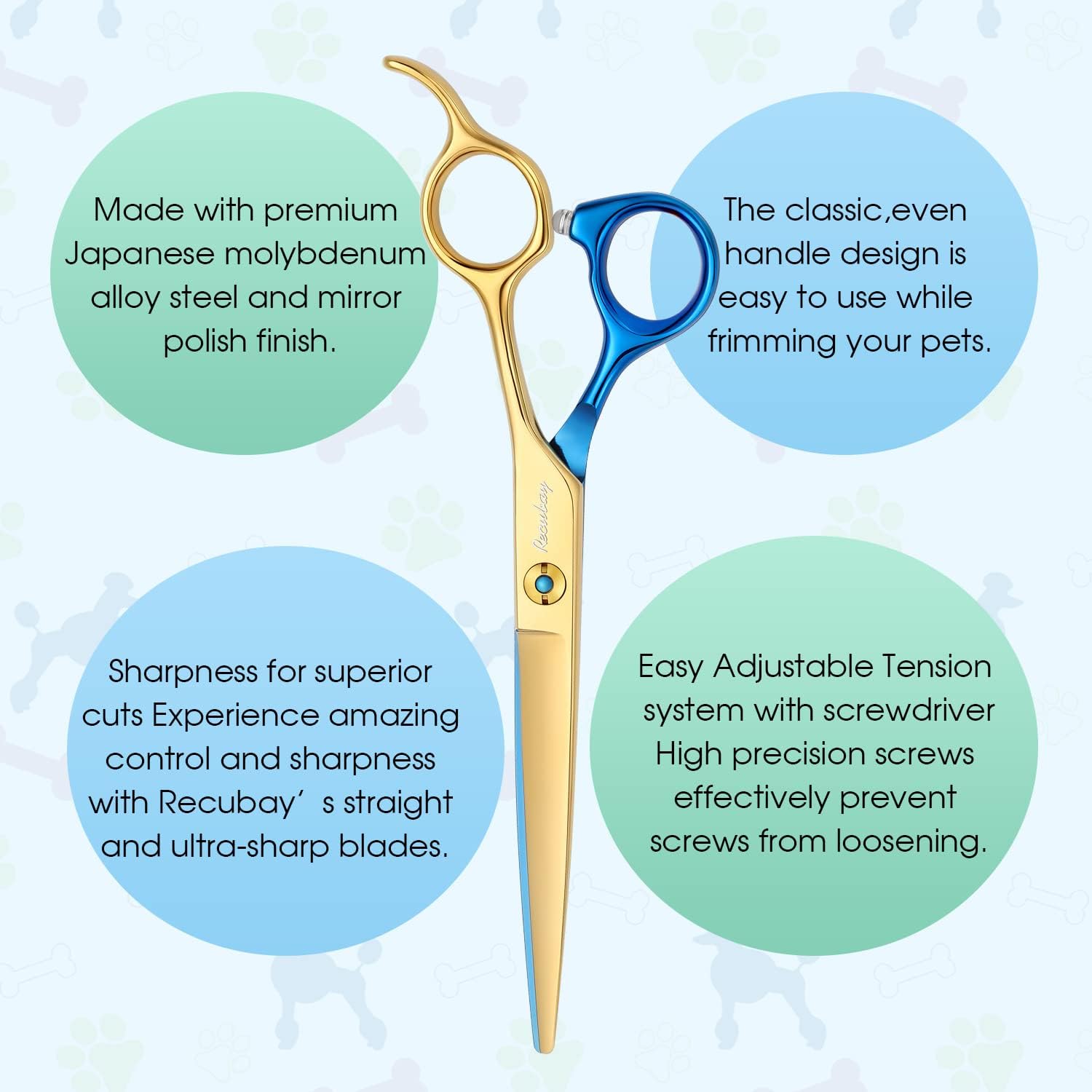 Dog Cat Scissors for Grooming, Pet Shears for Thick Coats and Matted Hair, Thinner Curved Straight Chunker Stainless Steel Shears