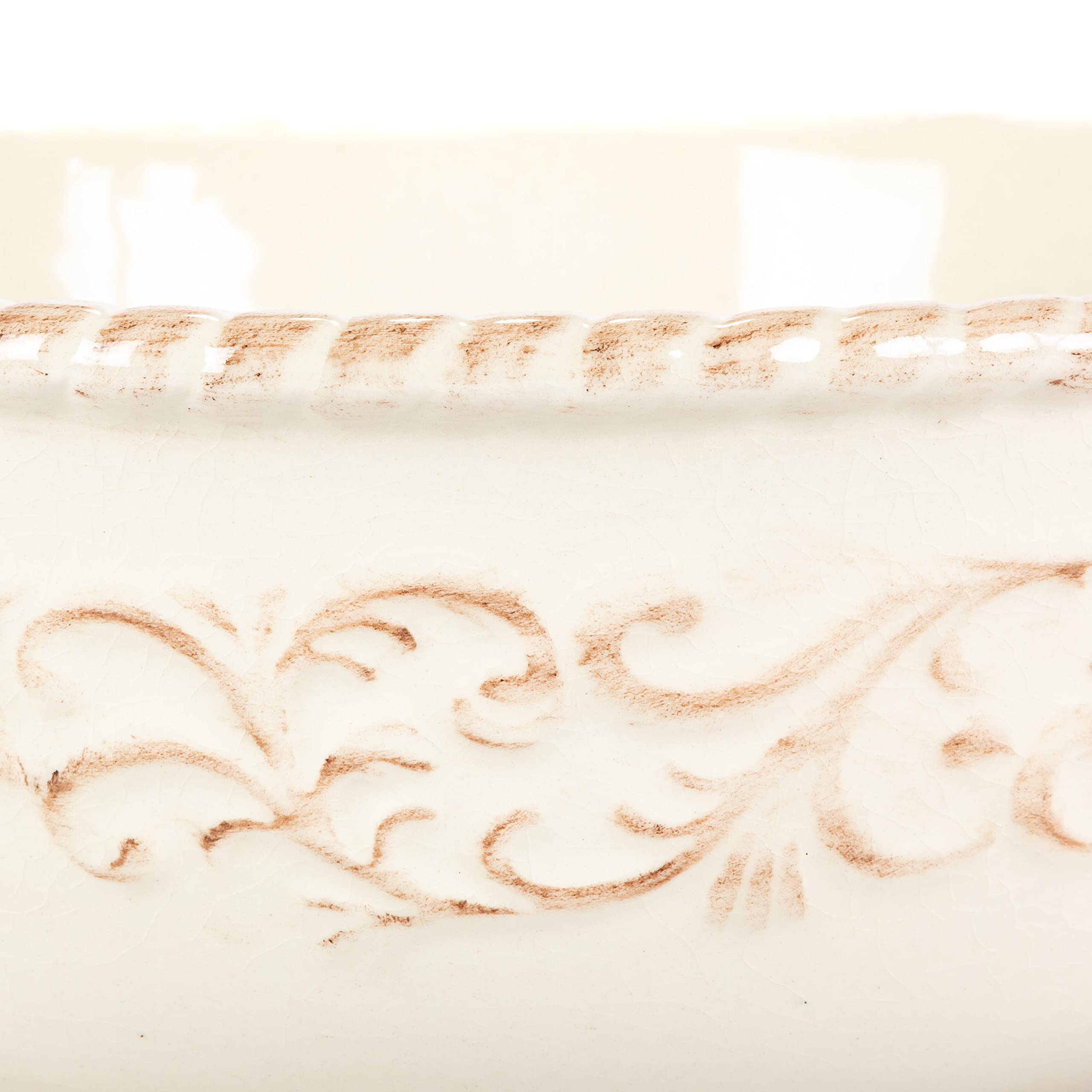 Detailed Embossed Cream Ceramic 12-Inch Dia. Bowl With Beautiful Acanthus Leaf Scrolled Metal Base