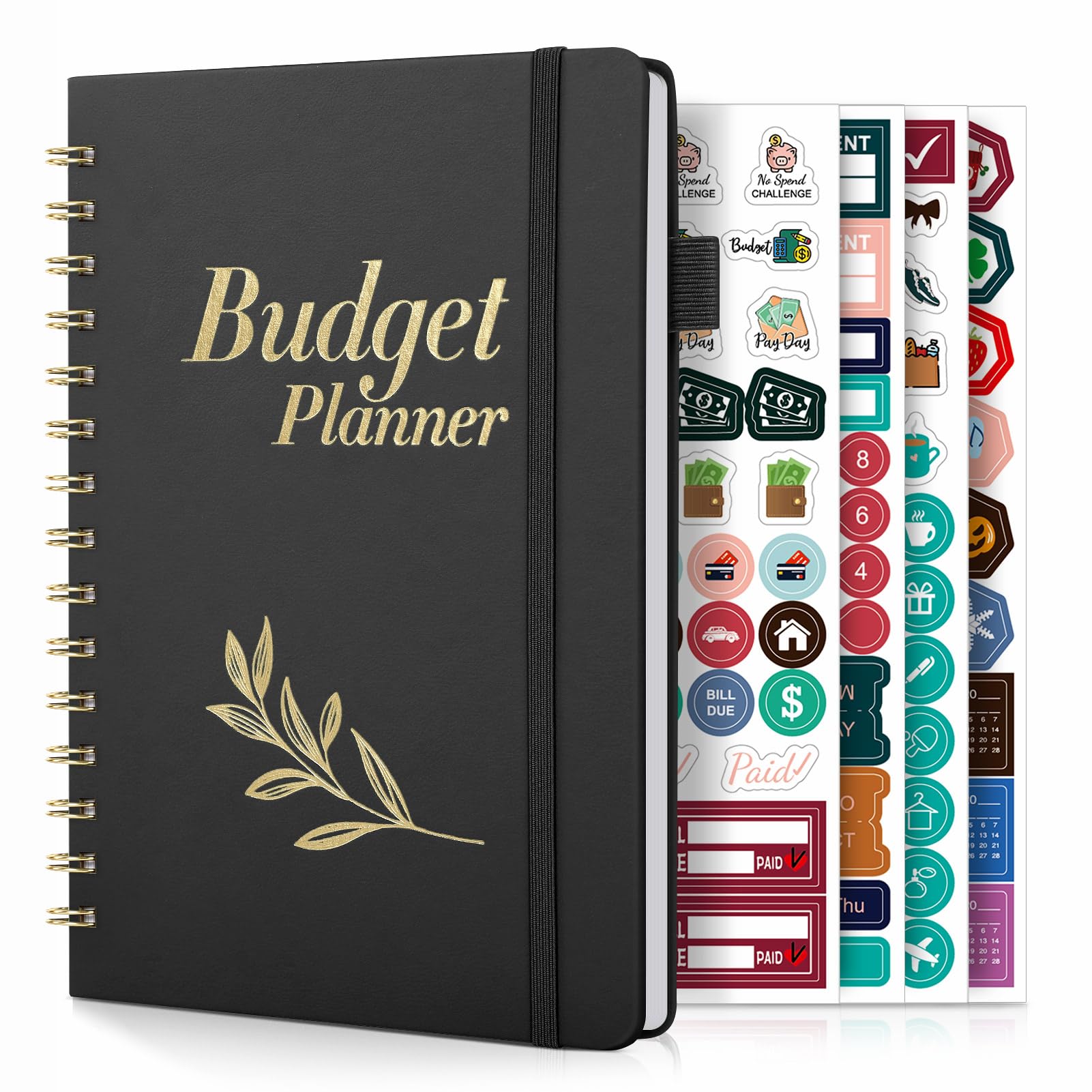 SKYDUE PU Budget Planner, A5 Budget Book, Monthly Bill Organizer with Pockets & 4Pcs Stickers, 12 Month Undated Financial Planner & Expense Tracker Notebook, Start Budgeting Anytime to Manage Money