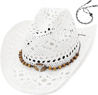 Straw Cowgirl Hat for Women Men Western Cowboy Hat Woven Hollow Out Wide Brim Sun Hat with Chin Strap