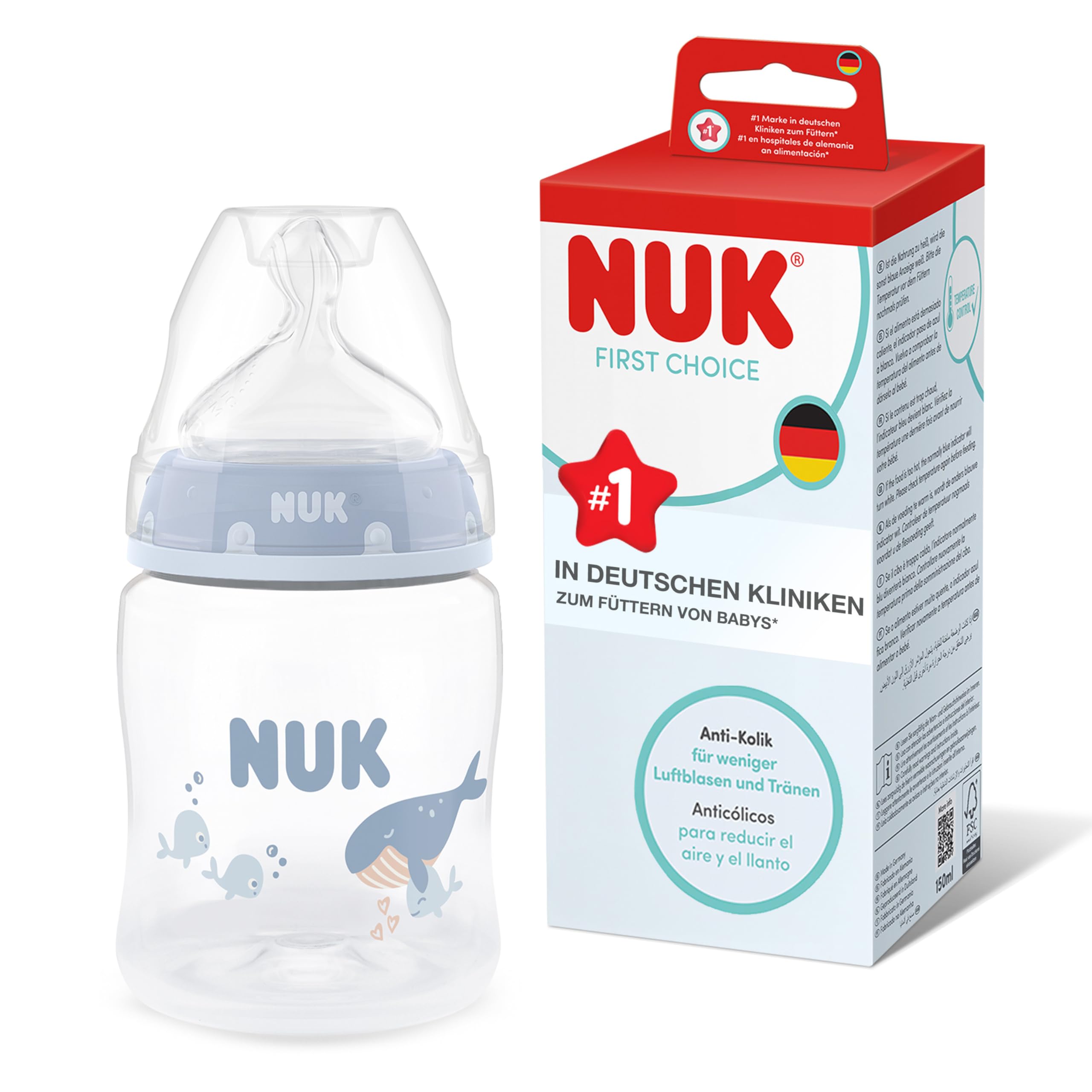 NUK First Choice Babyflasche | 0+ Monate | 150 ml | Anti-Kolik- Neugeborene Babyflasche | PP | Temperature Control Anzeige | Wal | 1 Stück