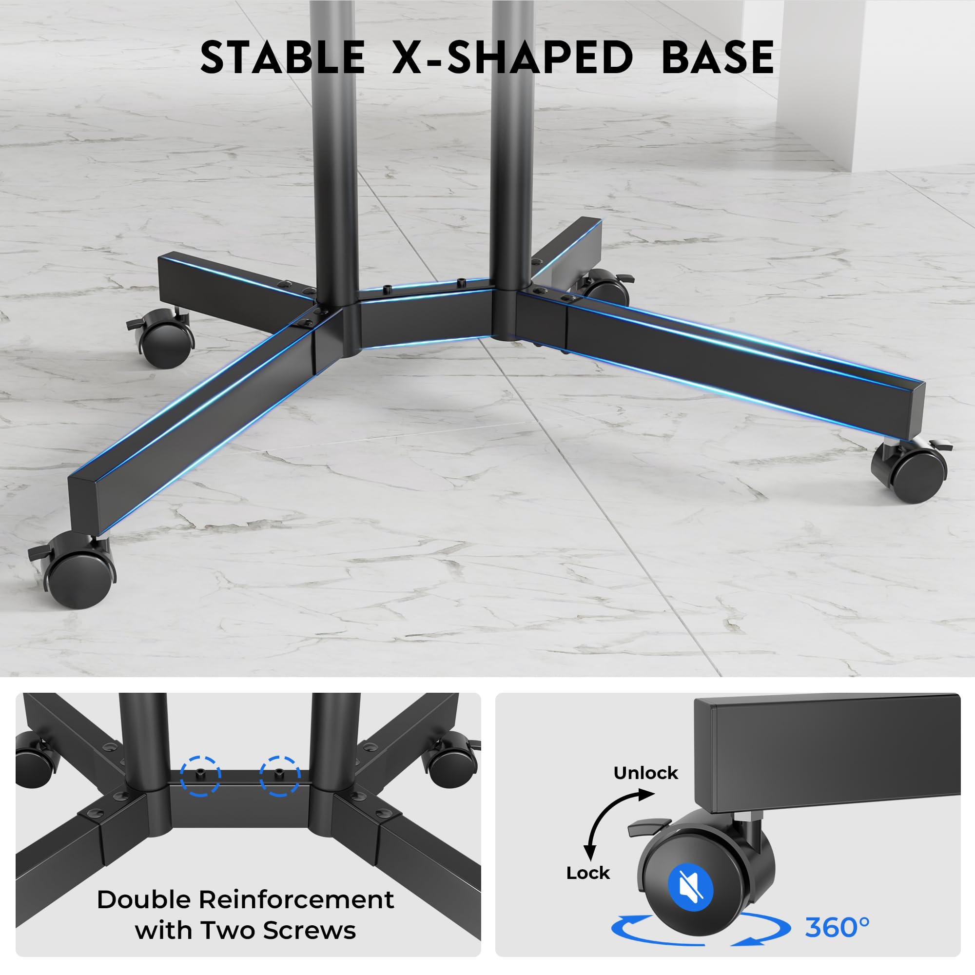 BONTEC Rollbarer TV Ständer mit feststellbaren Rollen, höhenverstellbarer TV Wagen für 32-85 Zoll, 55 kg, VESA 600x400, mit Ablage und Kabelmanagement